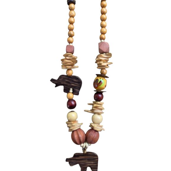 VTG 70s Boho Tribal Necklace Wood Beads Carved Elephant Pendant Earthy Artisan - Picture 4 of 14